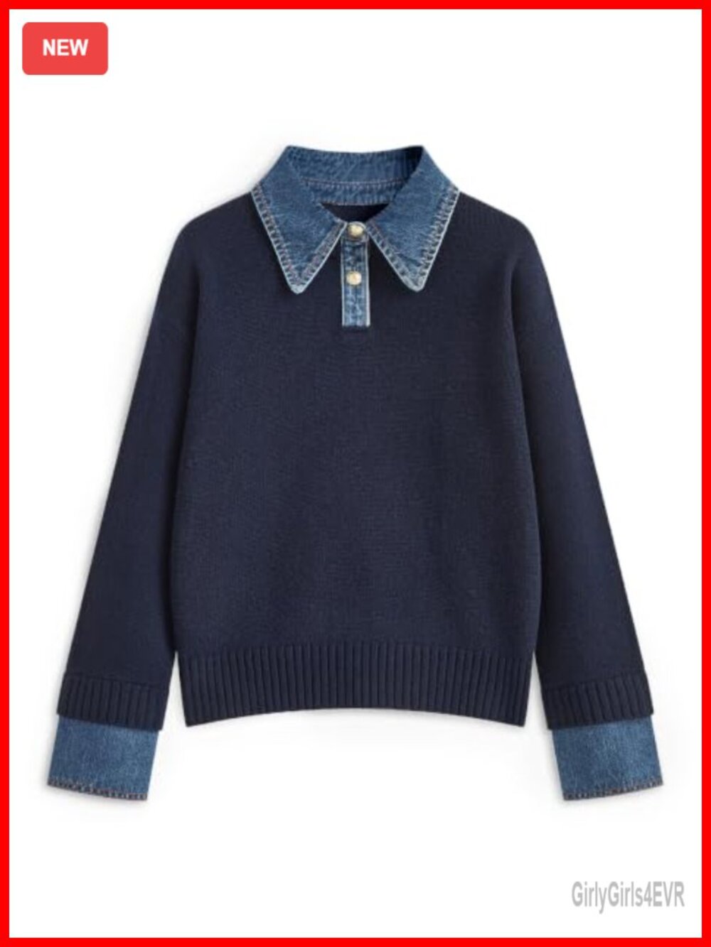Oversized Denim Collar Polo Sweater Loose Knit Pullover